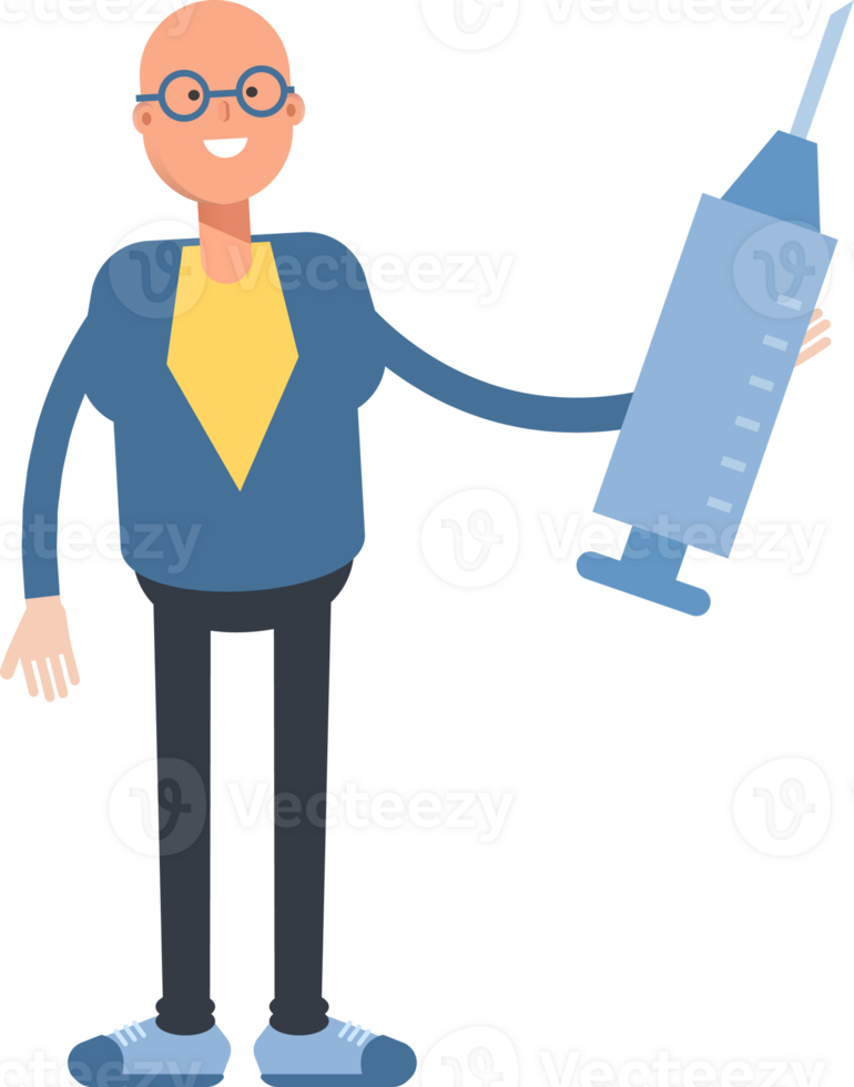 Bald Man Character Holding Medical Syringe png