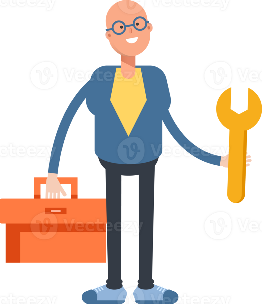 Blue Suit Bald Man Character Holding Toolbox and Wrench png