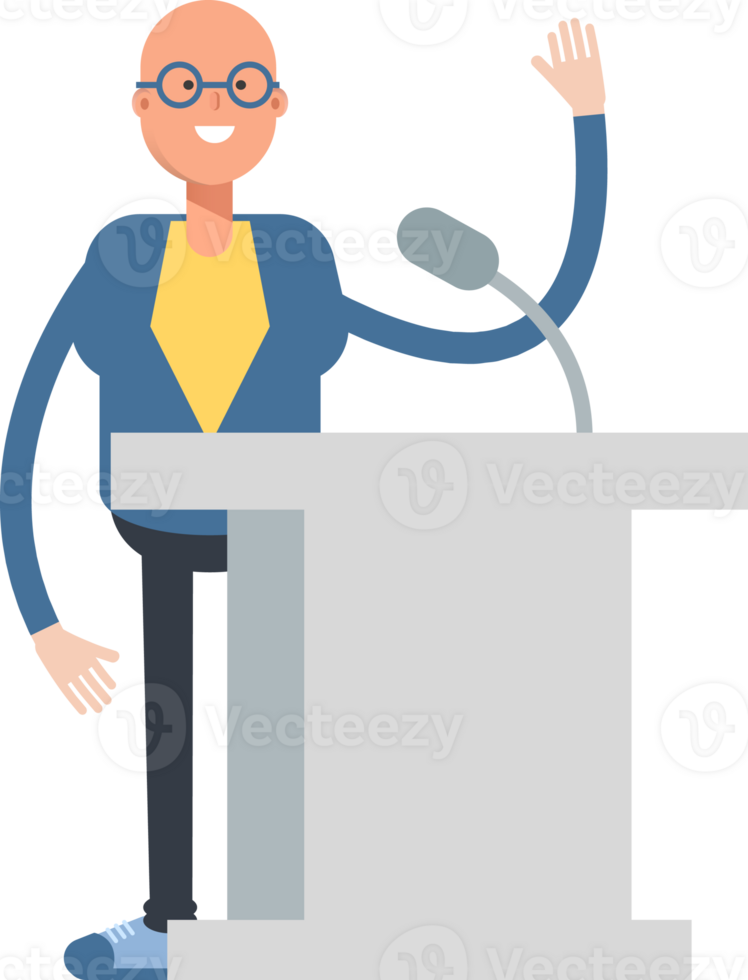 Blue Suit Bald Man Character Speaking on Podium png