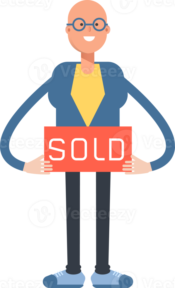 Blue Suit Bald Man Character Holding Sold Signage png