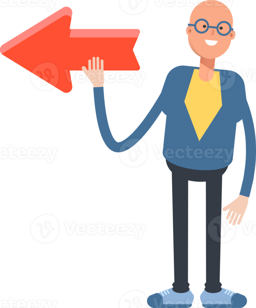 Blue Suit Bald Man Character and Arrow Sign png