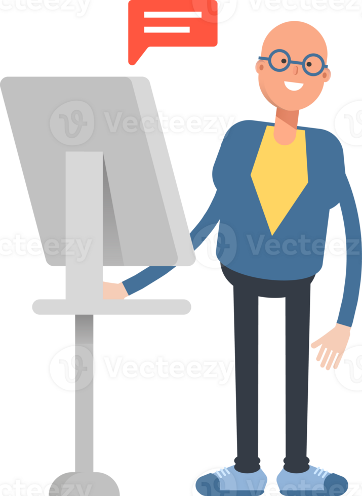 Blue Suit Bald Man Character Working on Computer png