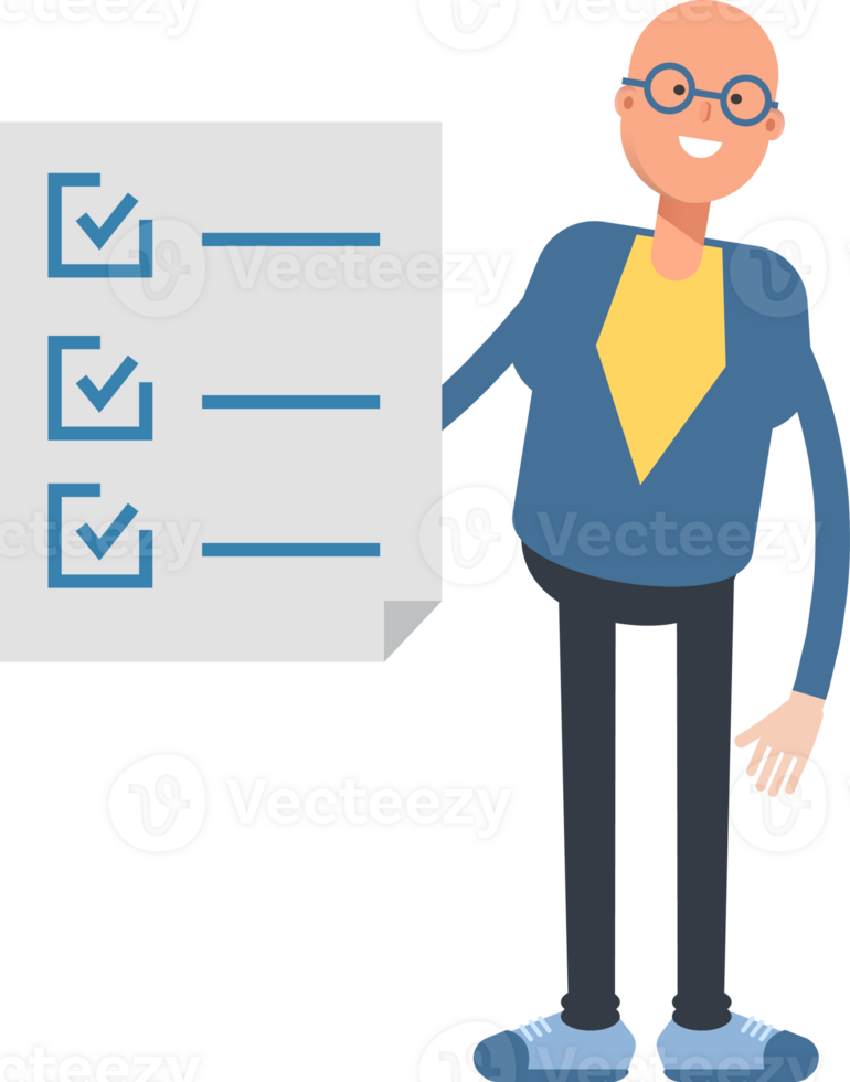 Bald Man Character and Check List Document Illustration png