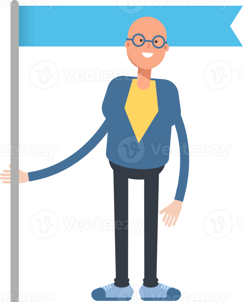 Blue Suit Bald Man Character Holding Flag Pole Illustration png