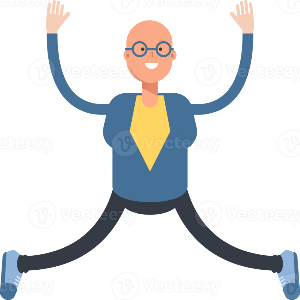 Blue Suit Bald Man Character Relaxing and Jumping png
