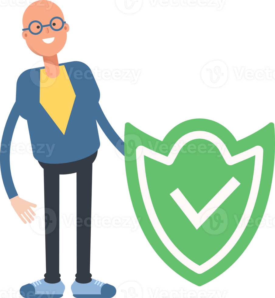 Blue Suit Bald Man Character and Check Mark Shield png