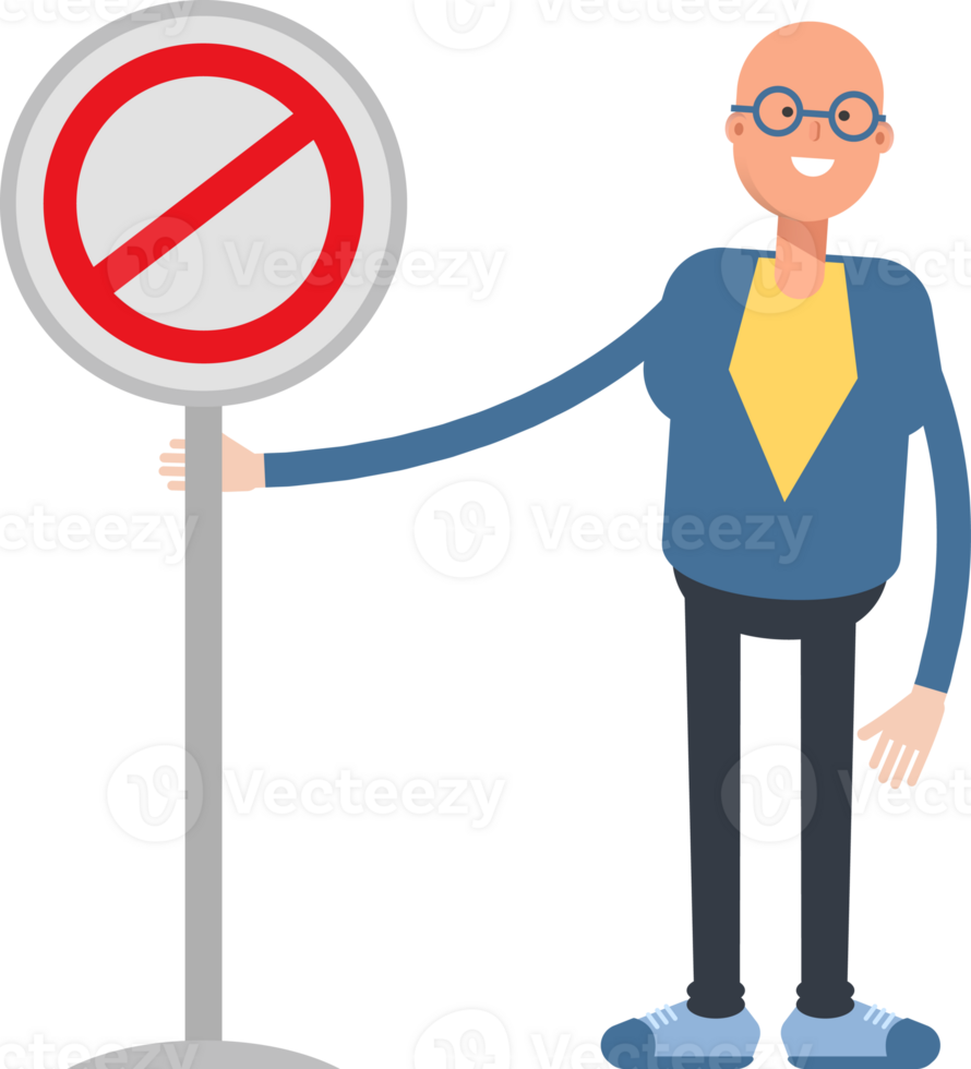 Blue Suit Bald Man Character and Prohibition Signage png