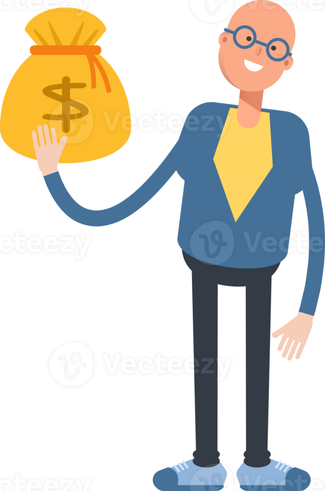 Blue Suit Bald Man Character Holding Dollar Sack png