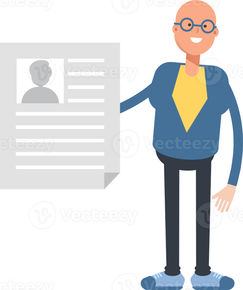 Blue Suit Bald Man Character Holding Job Application Document png