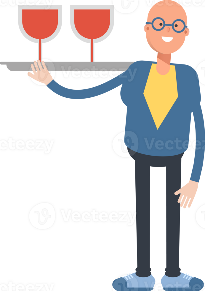Blue Suit Bald Man Character Serving Wine Illustration png