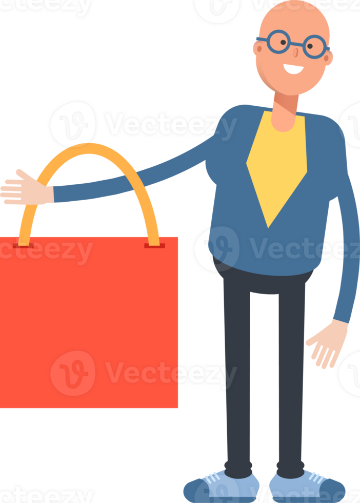 Blue Suit Bald Man Character Holding Shopping Bag png