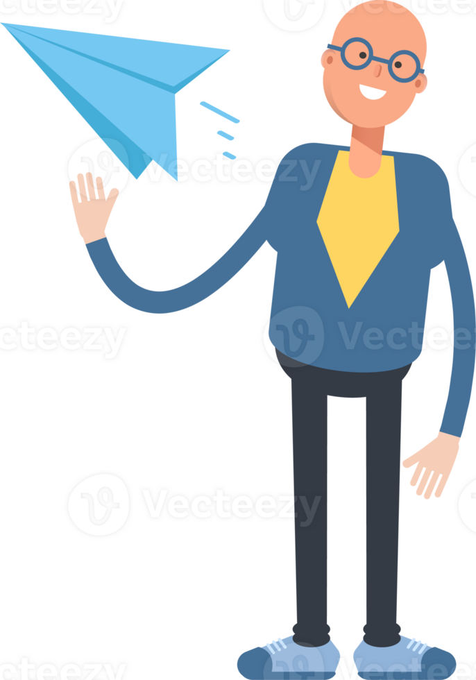 Blue Suit Bald Man Character Holding Paper Plane png