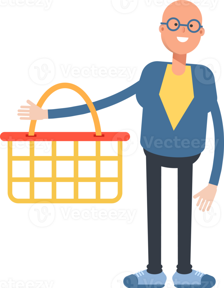 Blue Suit Bald Man Character Holding Shopping Basket png