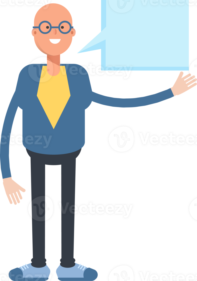 Blue Suit Bald Man Character and Speech Bubble png