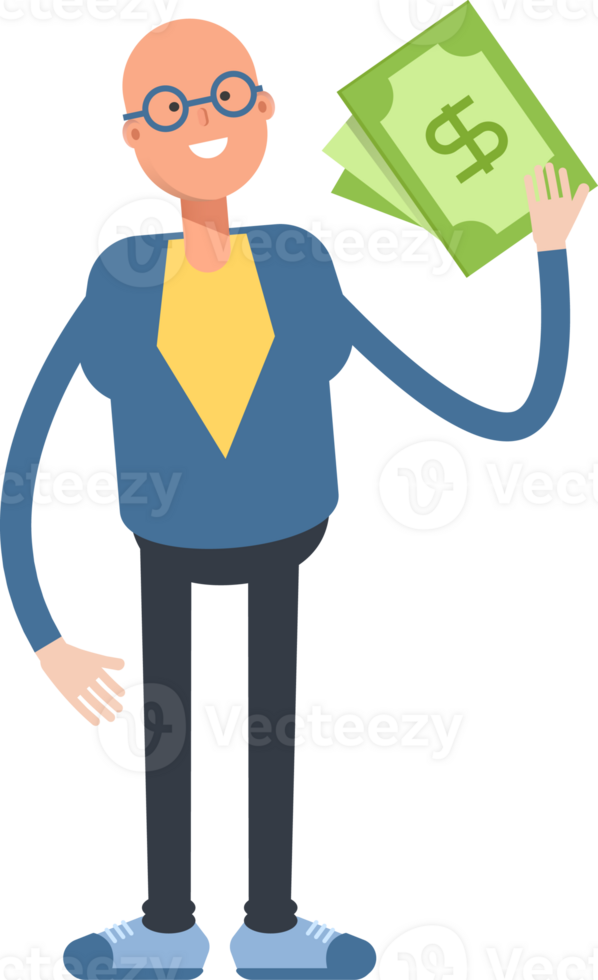 Blue Suit Bald Man Character Holding Dollar Banknotes png