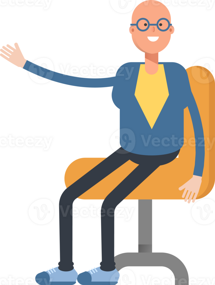 Blue Suit Bald Man Character Sitting on Office Chair png