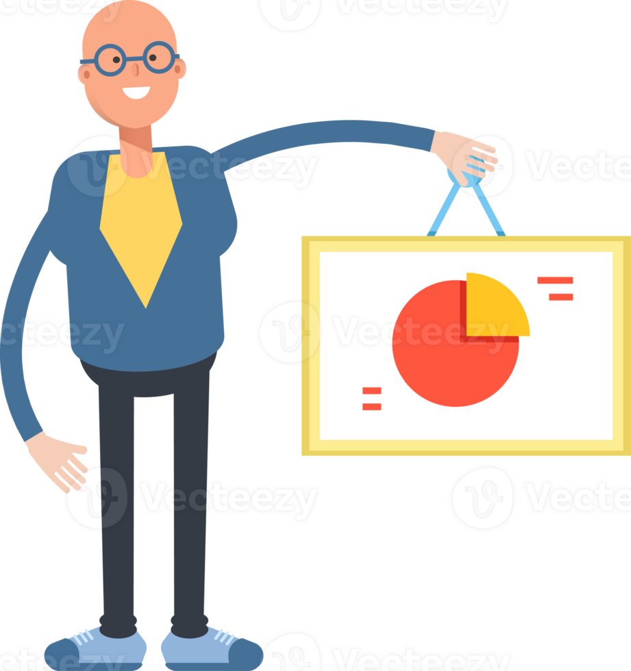 Blue Suit Bald Man Character Holding Pie Chart Signage png