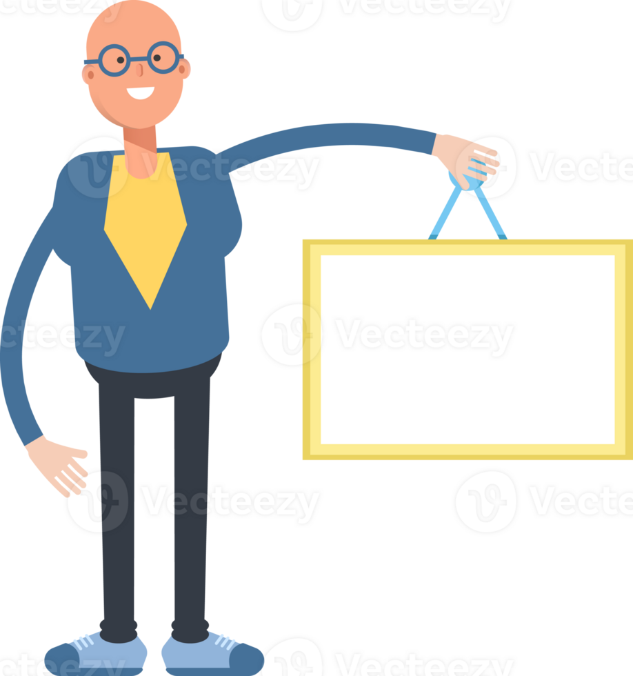 Blue Suit Bald Man Character Holding Blank Signage png