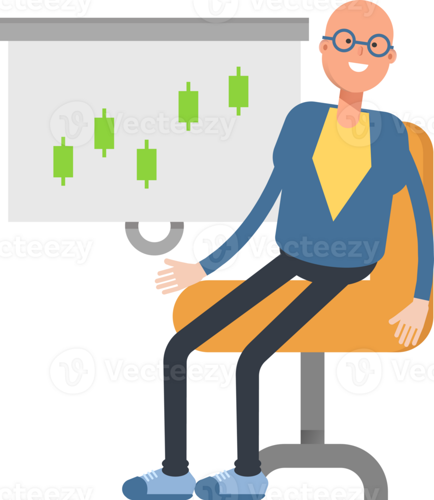 Blue Suit Bald Man Character Presenting Candlestick Chart png