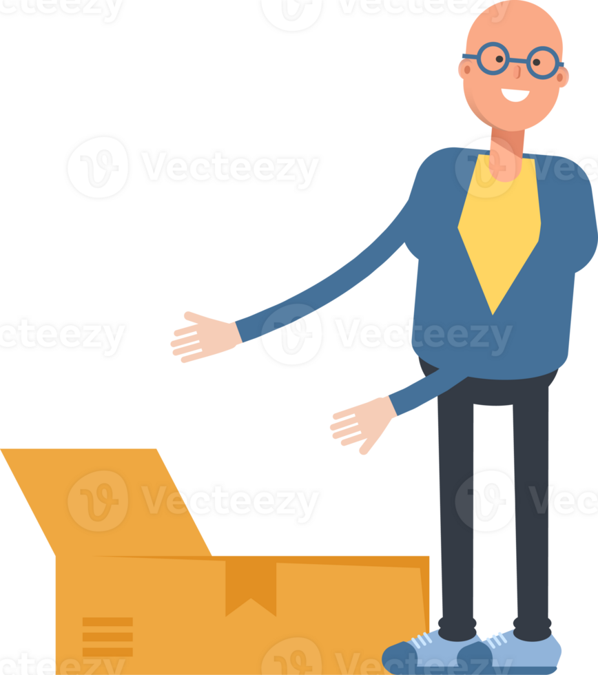 Blue Suit Bald Man Character Opening Box png