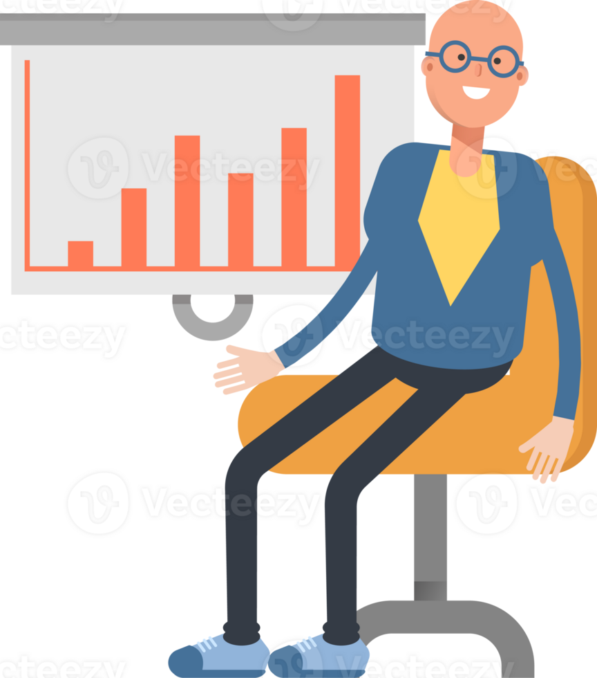 Blue Suit Bald Man Character Presenting Bar Chart png