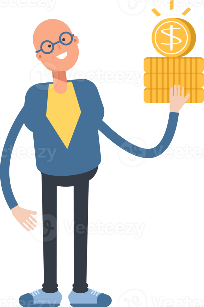 Blue Suit Bald Man Character Holding Dollar Coins png