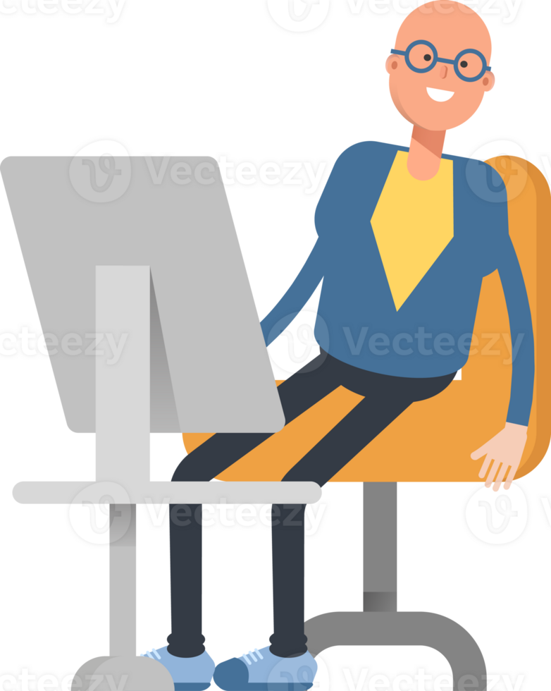 Blue Suit Bald Man Character Working on Desktop png