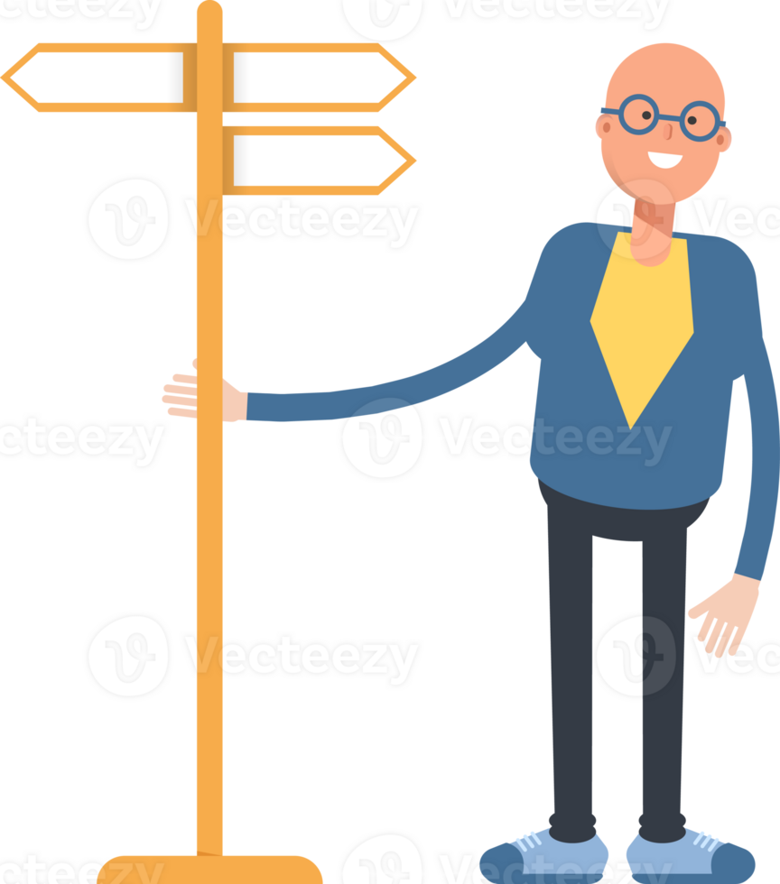 Blue Suit Bald Man Character and Signpost png