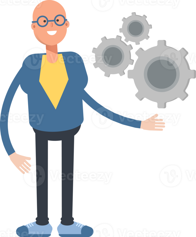 Blue Suit Bald Man Character Holding Gears png