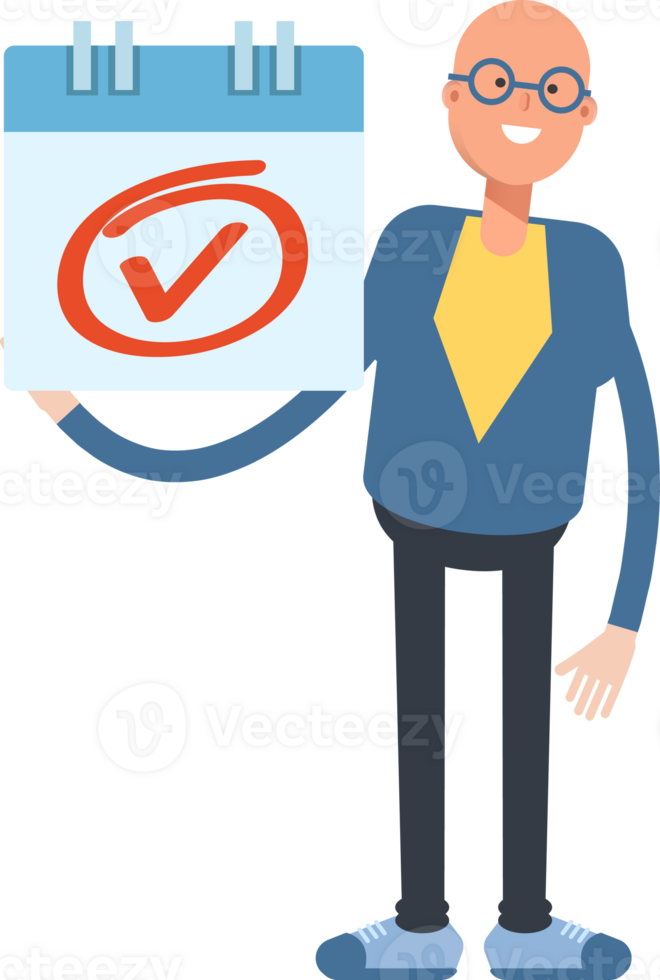Blue Suit Bald Man Character and Check Mark Sign png
