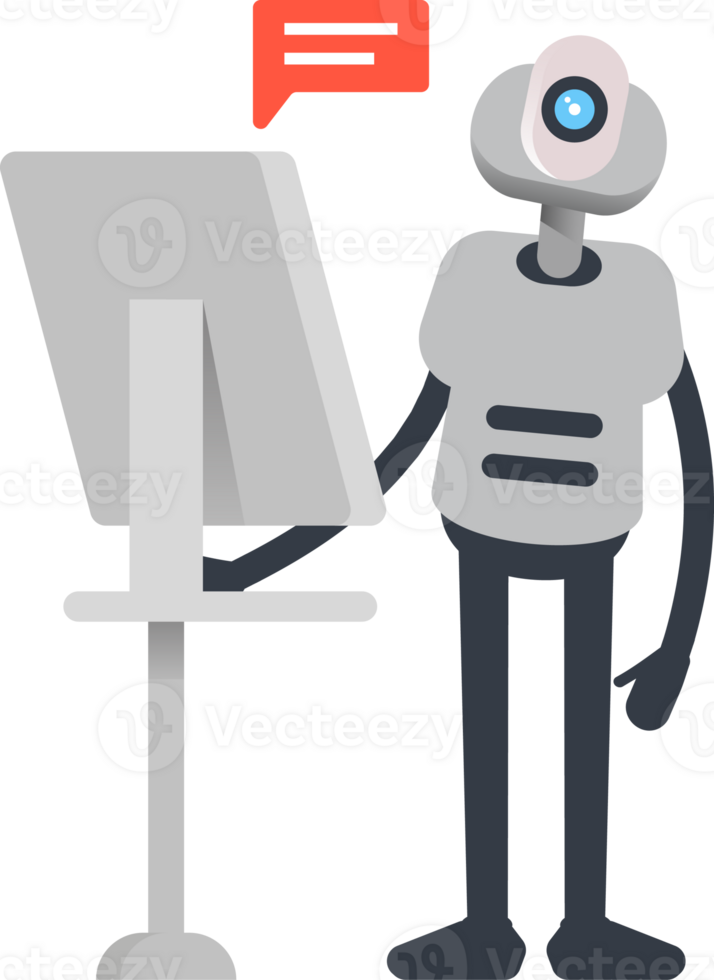 White Humanoid Robot Character Working on Computer png