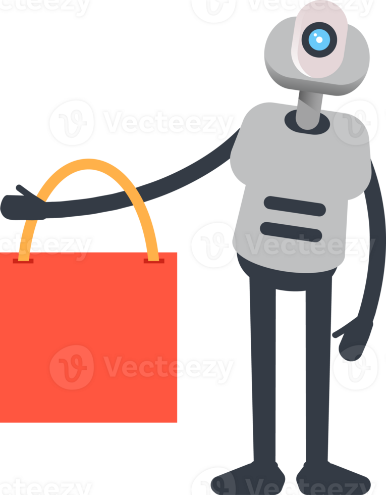 White Humanoid Robot Character Holding Shopping Bag png