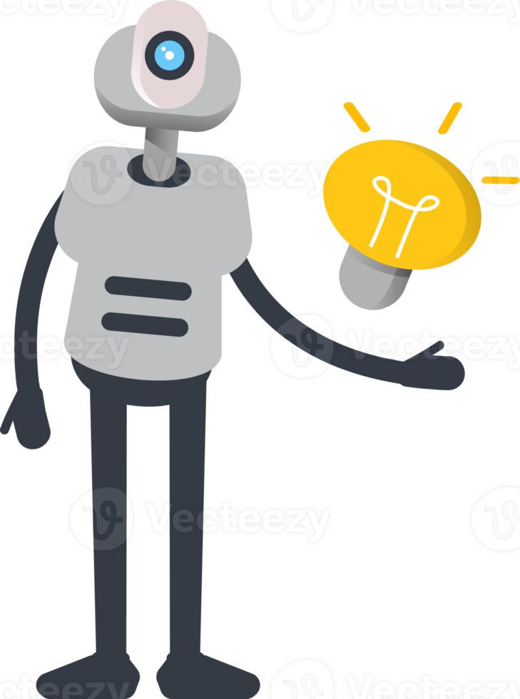 White Humanoid Robot Character and Light Bulb png