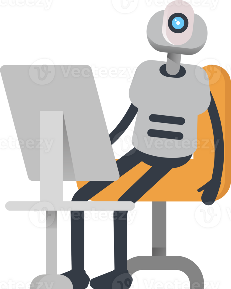 White Humanoid Robot Character Working on Desktop png