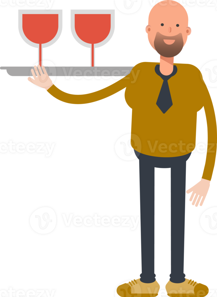 Bald Businessman Character Serving Wine Illustration png