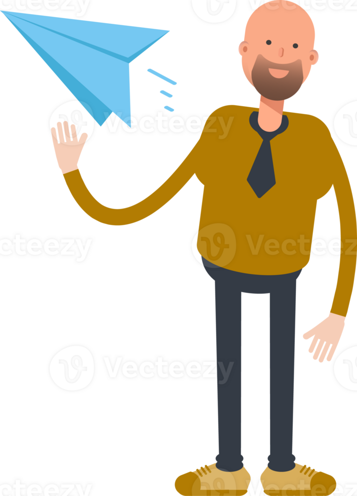 Bald Businessman Character Holding Paper Plane png
