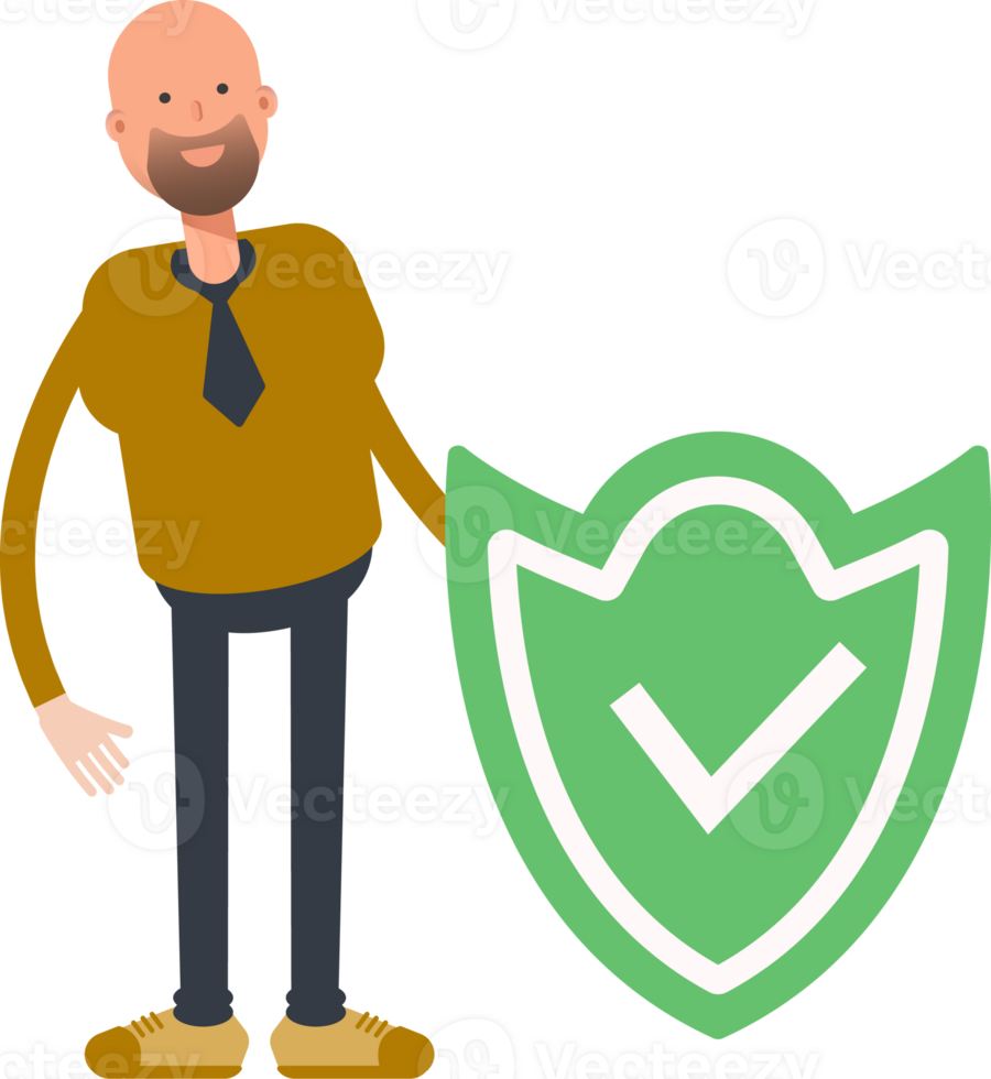 Bald Businessman Character and Check Mark Shield png