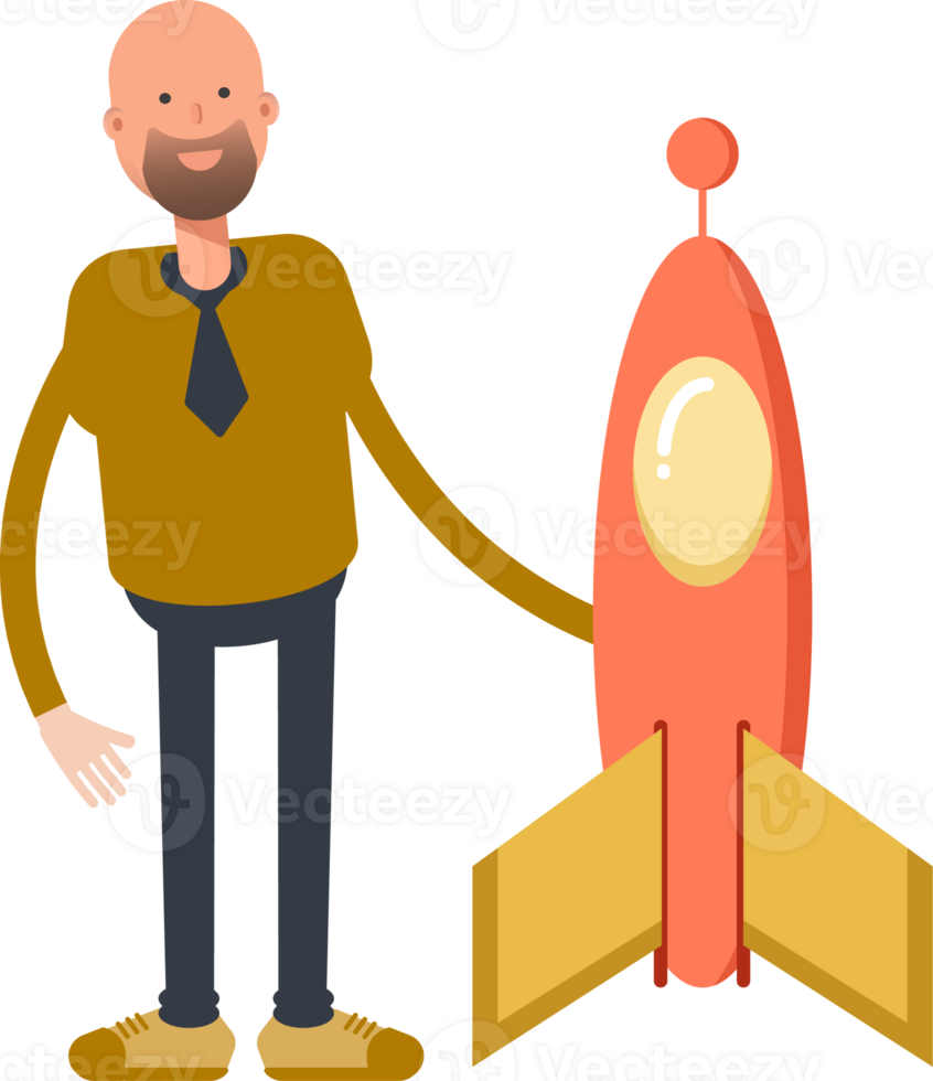 Bald Businessman Character and Rocket png