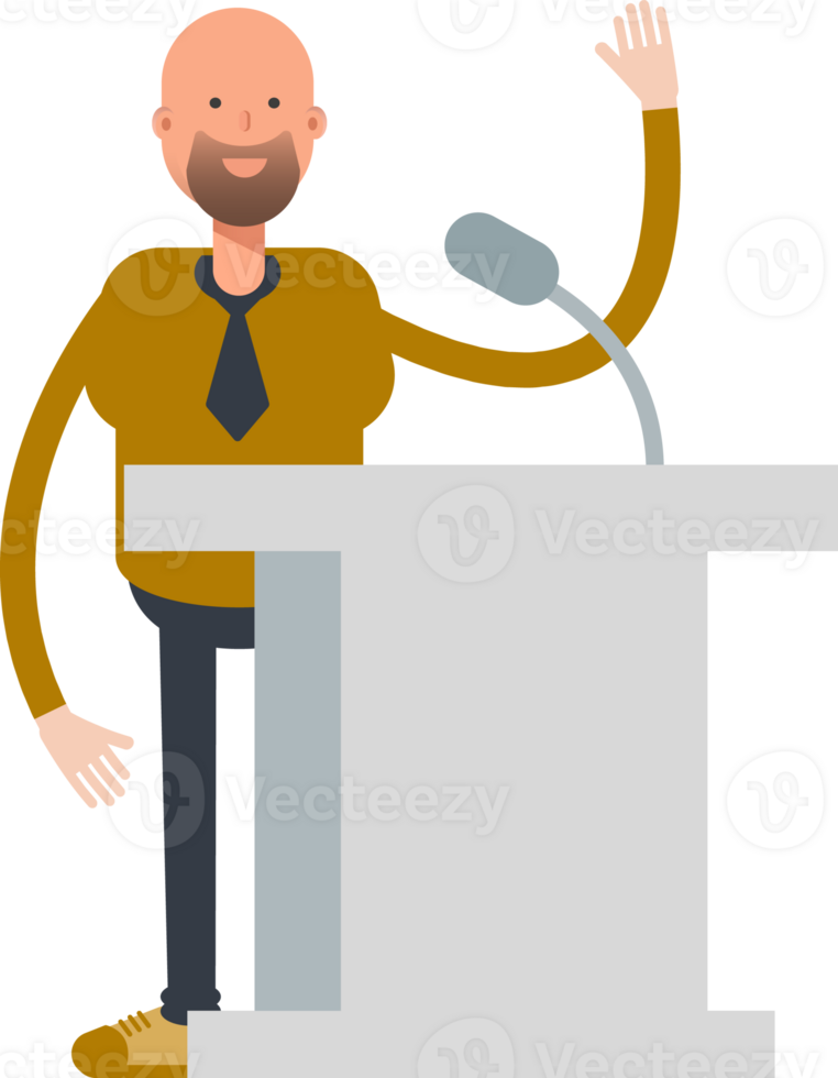 Bald Businessman Character Speaking on Podium and Rising Hand png