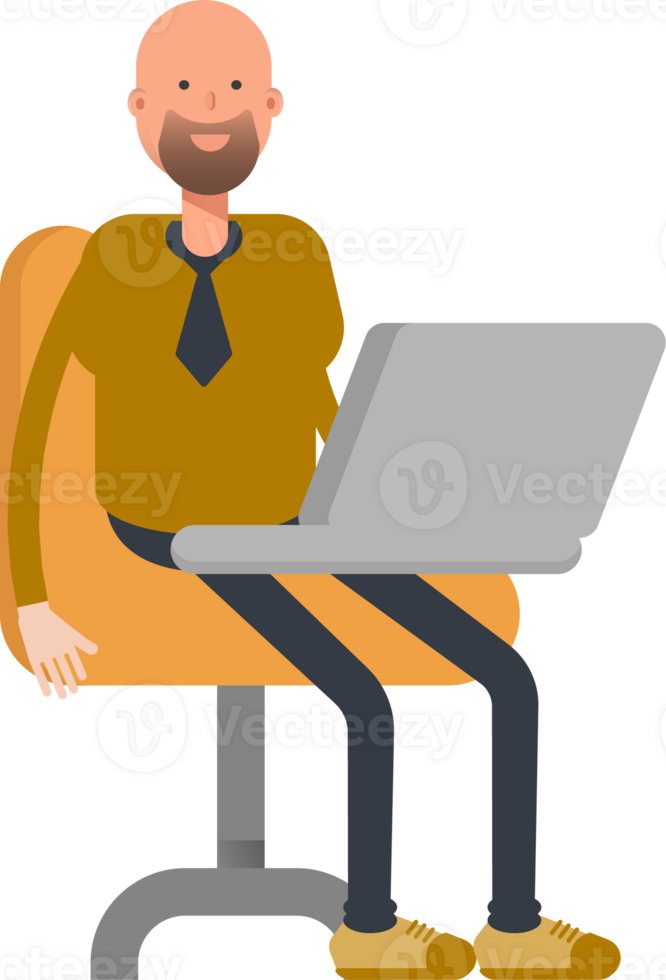 Bald Businessman Character Working on Laptop png