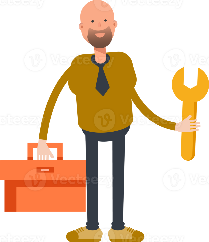 Bald Businessman Character Holding Toolbox and Wrench png
