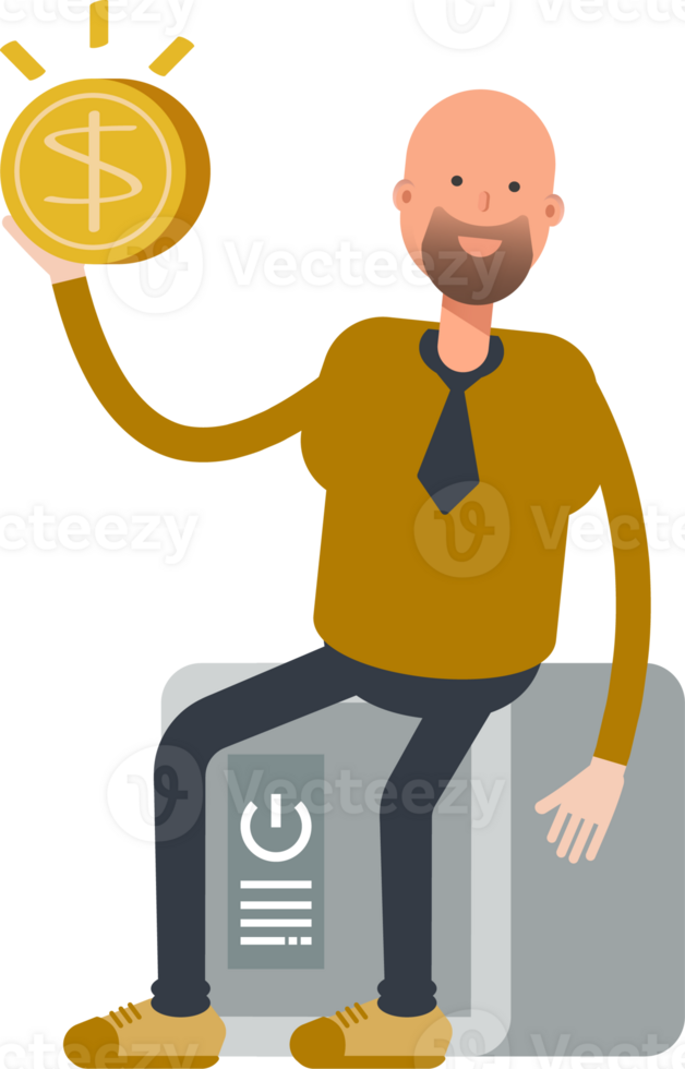 Bald Businessman Character Sitting on Safe and Holding Dollar Coin png