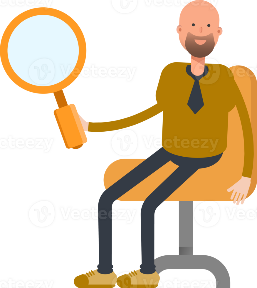 Bald Businessman Character Sitting and Holding Magnifier png