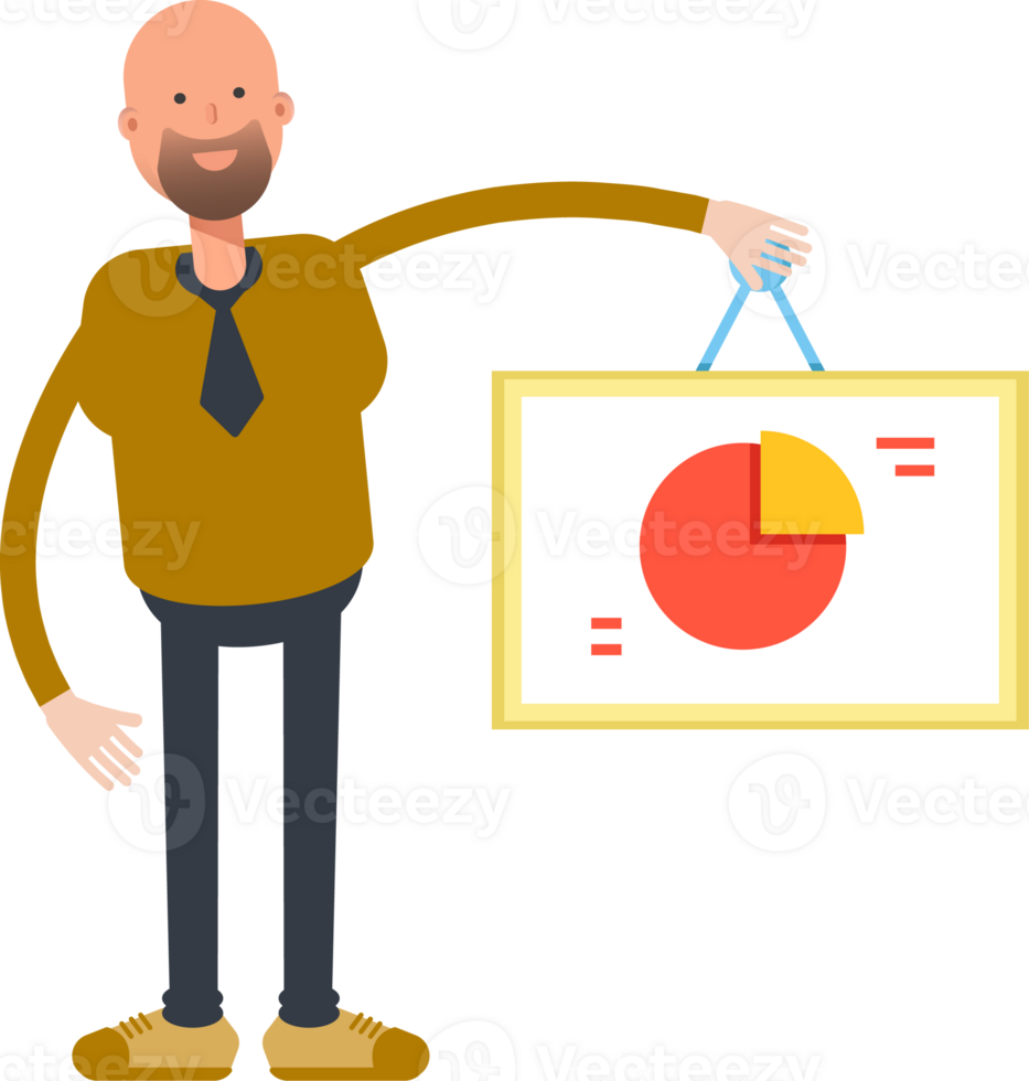 Bald Businessman Character Holding Pie Chart Signage png