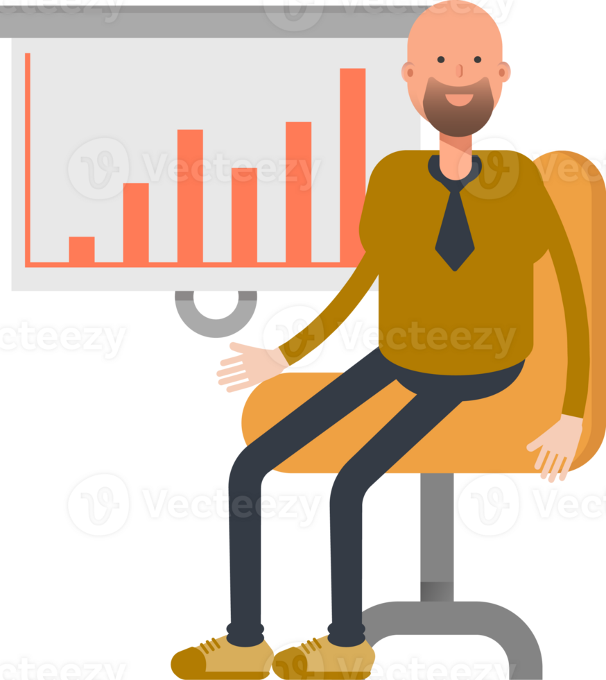 Bald Businessman Character Presenting Bar Chart png