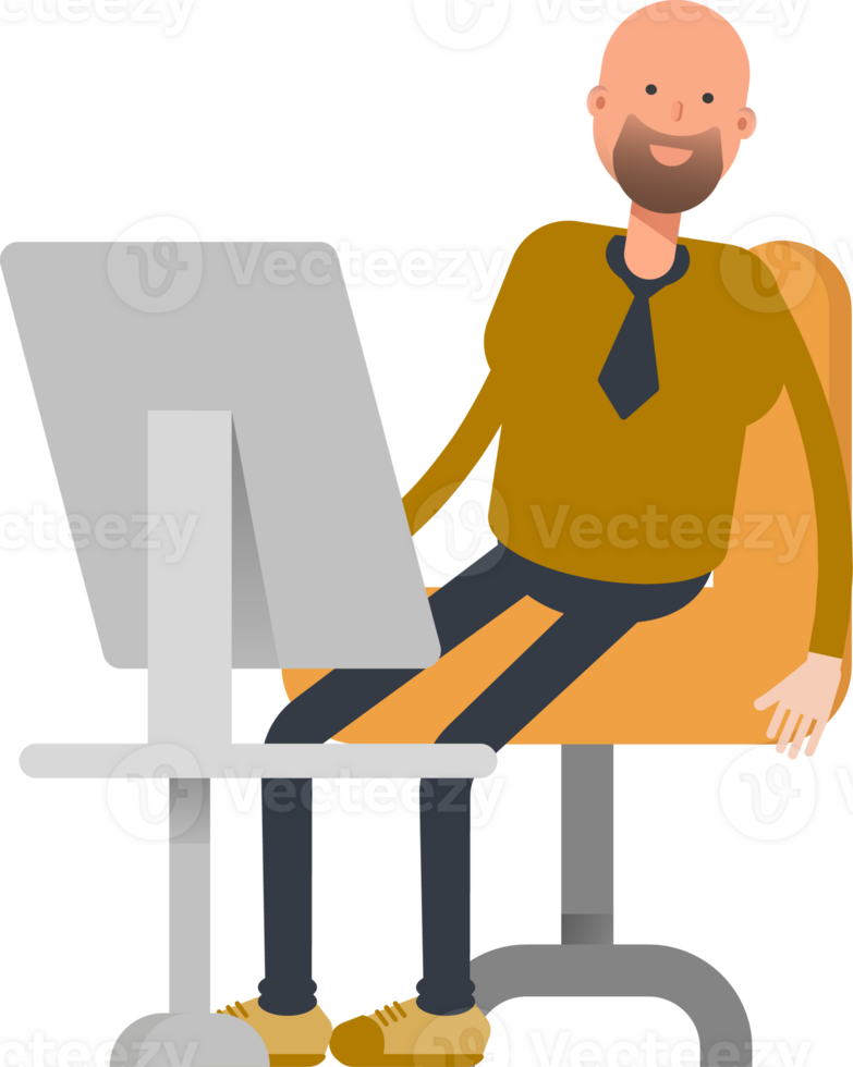 Bald Businessman Character Working on Desktop png