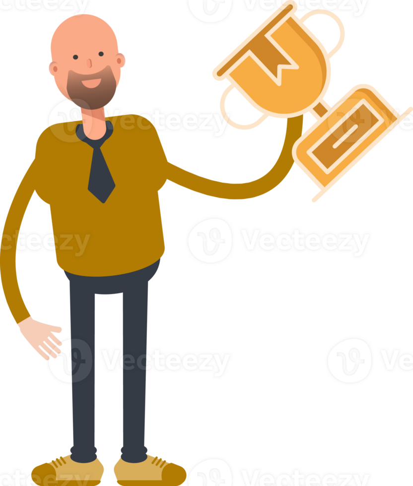 Bald Businessman Character Holding Up Trophy png