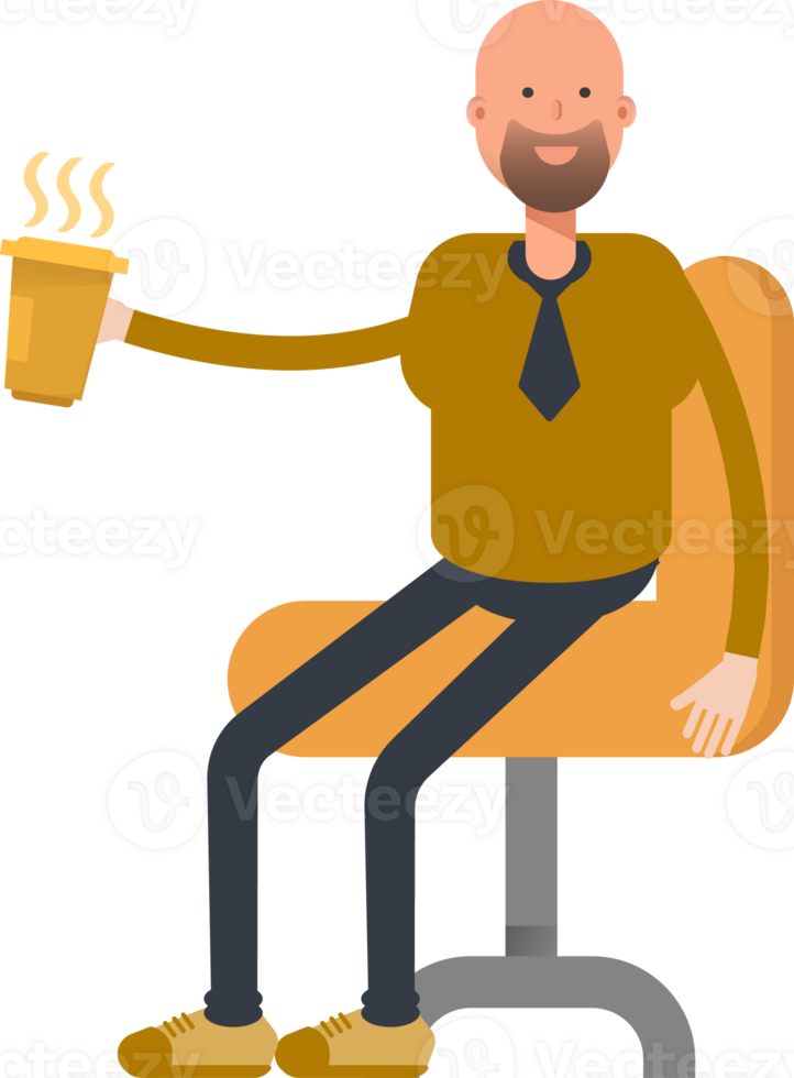 Bald Businessman Character Drinking Coffee png