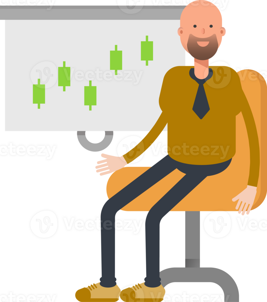 Bald Businessman Character Presenting Candlestick Chart png