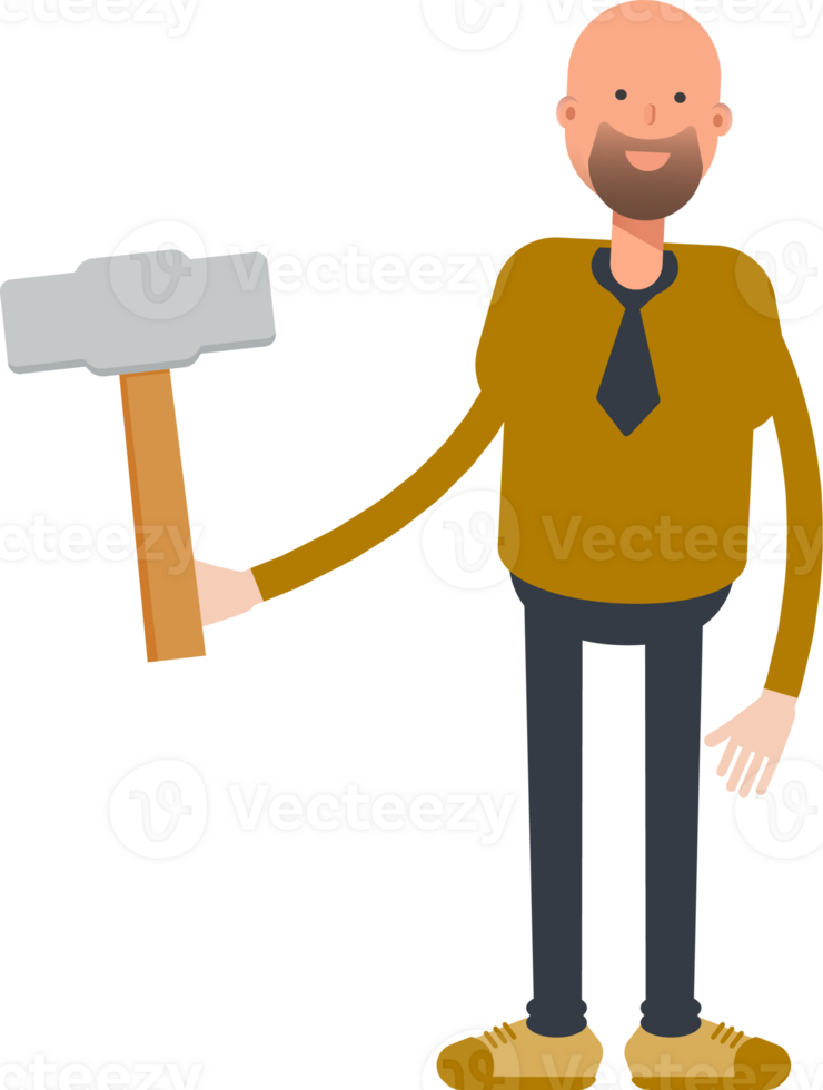 Bald Businessman Character Holding Hammer Tool png